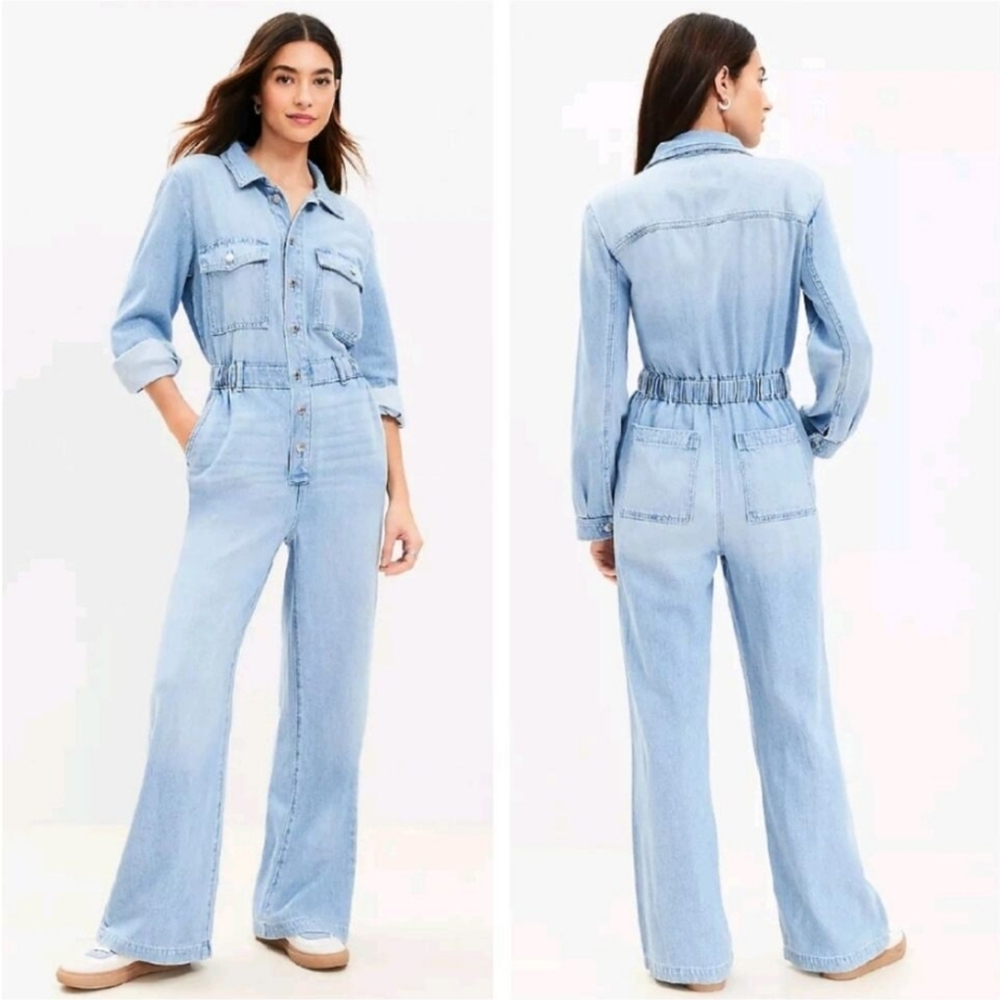LOFT Wide Leg Denim Jumpsuit Medium Vintage Wash Flap Pockets Preppy Utility NEW